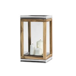 EDZARD Laterne Dubai, Teakholz und Edelstahl glänzend vernickelt, Höhe 44 cm