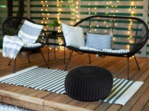 Pouf PREMIUM ø45cm Sitzhocker Strickpouf Innen Terrasse Pool Garten nachhaltig Outdoor 7 Farben