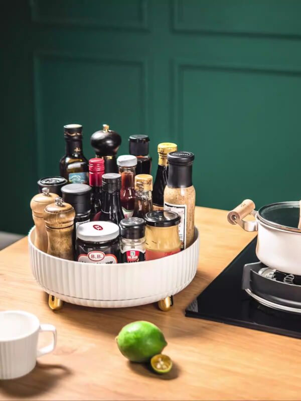 Großer Drehteller, multifunktionales und drehbares Kosmetik-Lagertablett, Küchen-Gewürzflaschen-Lagertablett, Obst-Drehteller, Grillgewürz-Drehteller – Bild 12