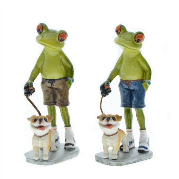 Dekofigur Frosch mit Hund – Kunstharz-Figur ‚Brüder beim Gassigehen‘ – originelles Wohnaccessoire“